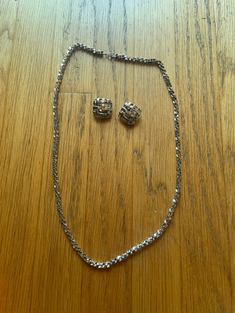 Vintage costume Silver Tone Woven Necklace and clip on Earrings Set